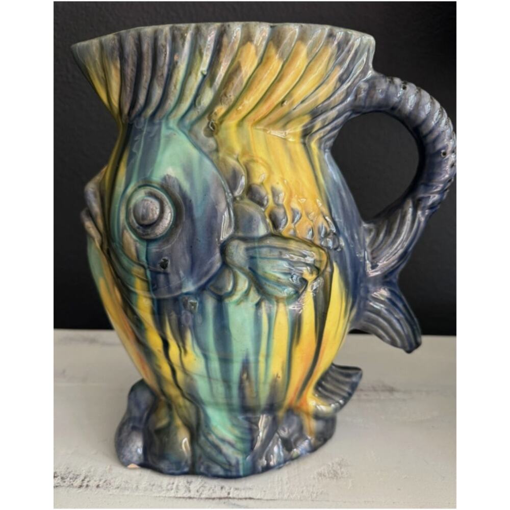 Oaxacan Majolica Slipware Fish Pitcher Blue Yellow Drip Folk Art Pottery mex